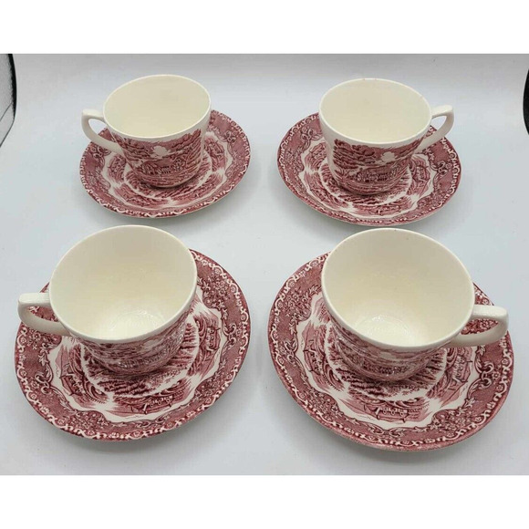 Vtg Grindley Red Staffordshire England Cups & Saucers. Set of 4. English Country - Picture 12 of 13
